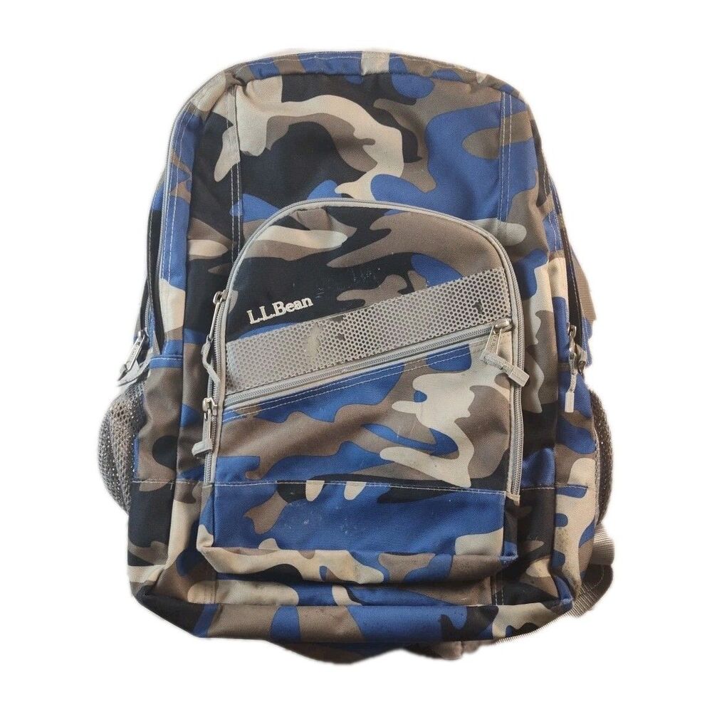 LL Bean Deluxe Book Back Pack Ocean Blue Camo Maine Good Pre-Owned Condition